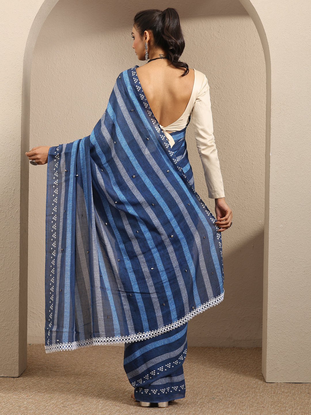  Blue Striped Printed Cotton Blend Saree With Unstitched Blouse Piece 