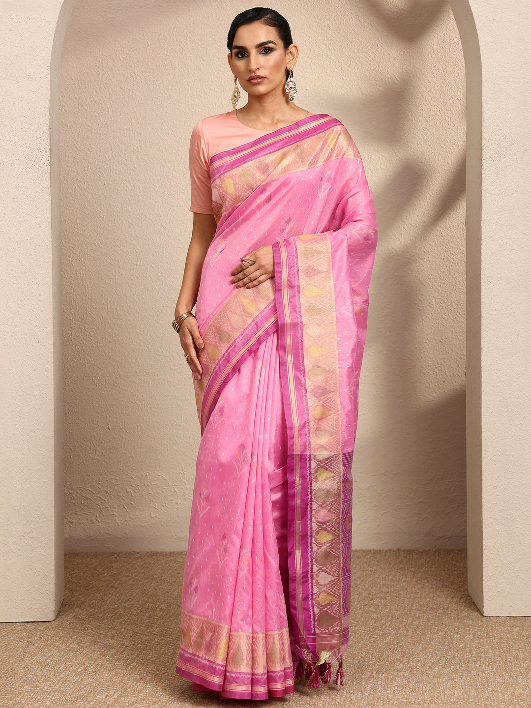  Pink Woven Design Banarsi Silk Blend Saree With Unstitched Blouse Piece 