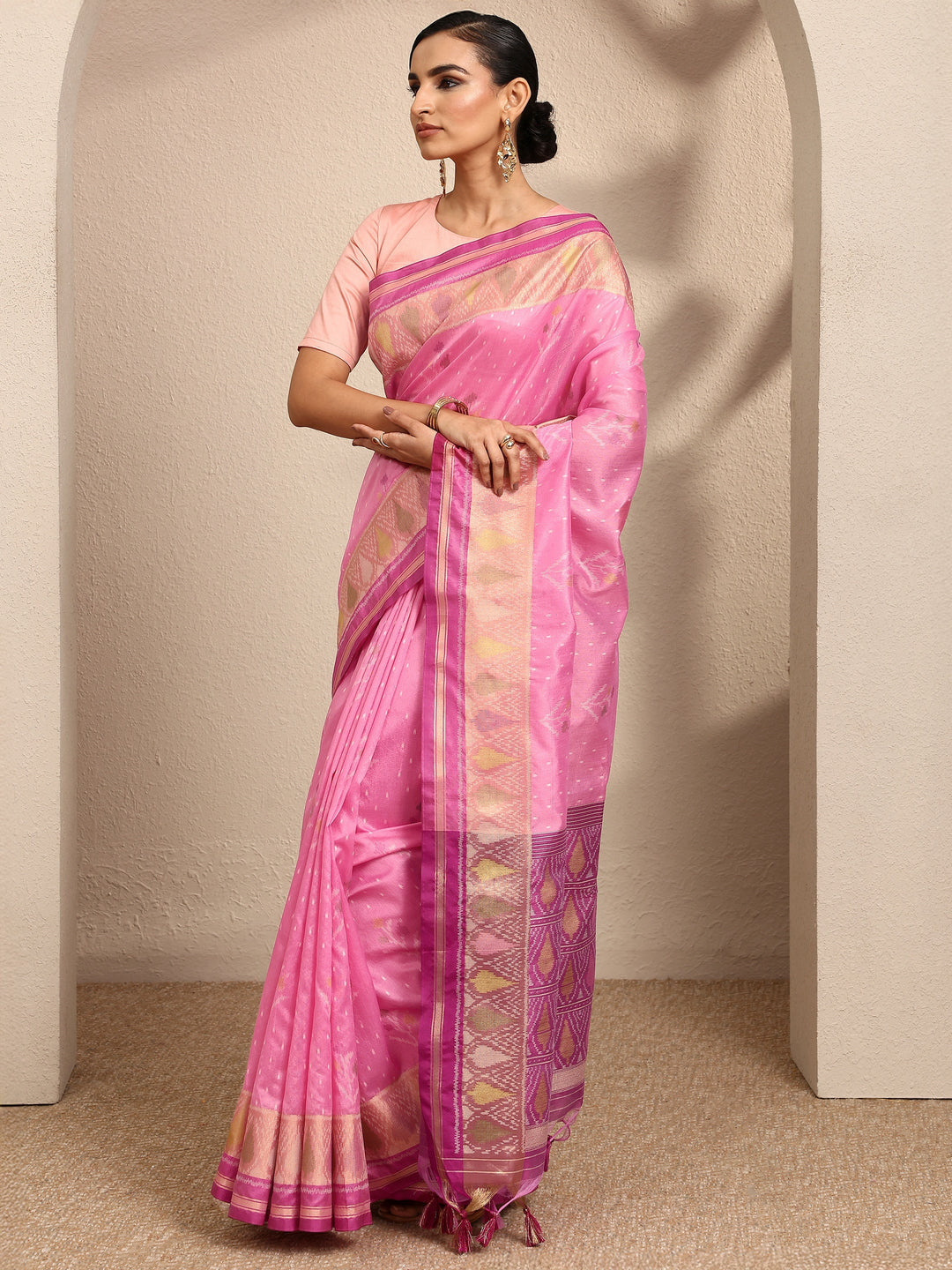  Pink Woven Design Banarsi Silk Blend Saree With Unstitched Blouse Piece 