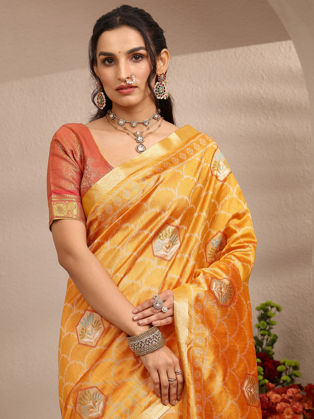  Mustard Woven Design Banarsi Silk Blend Saree With Unstitched Blouse Piece 