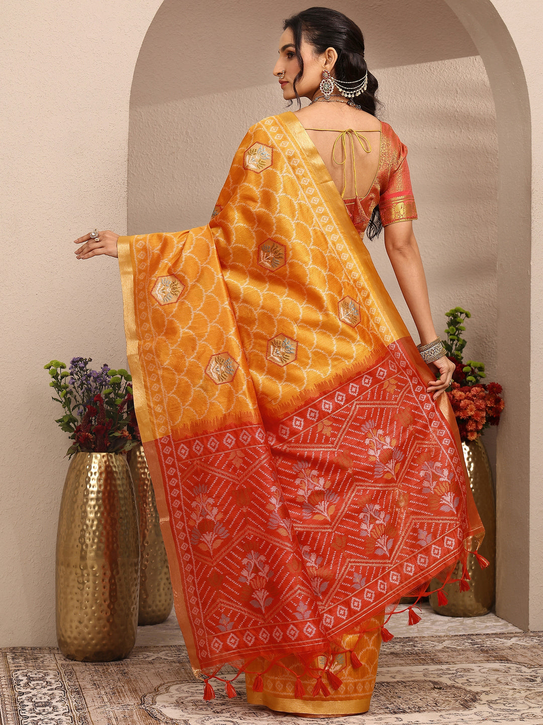  Mustard Woven Design Banarsi Silk Blend Saree With Unstitched Blouse Piece 