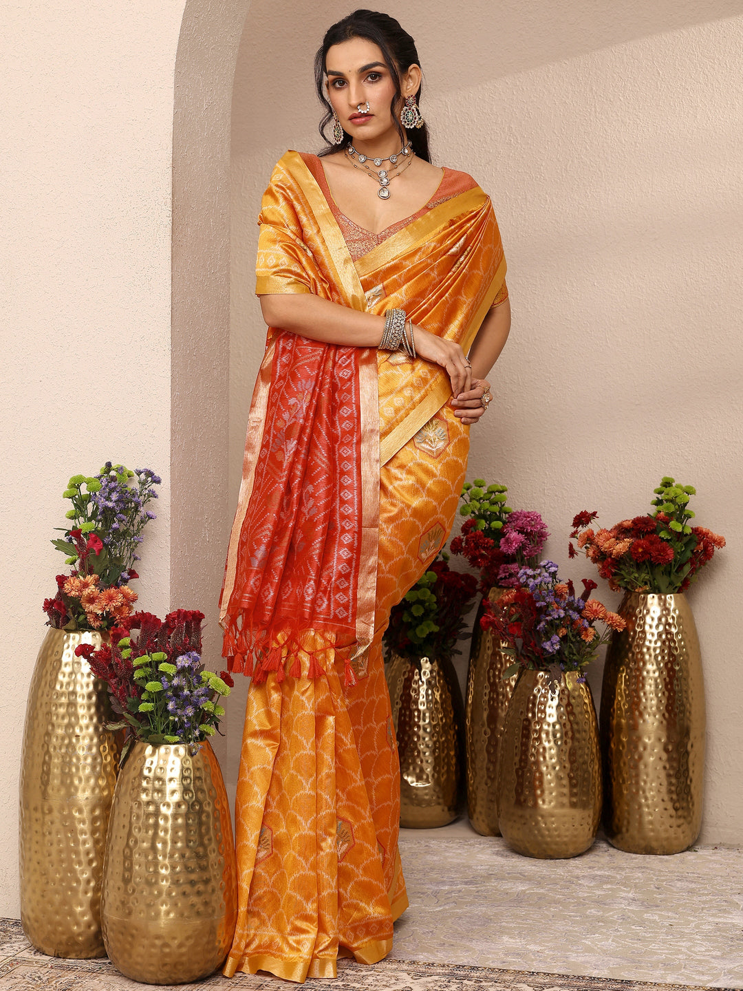  Mustard Woven Design Banarsi Silk Blend Saree With Unstitched Blouse Piece 