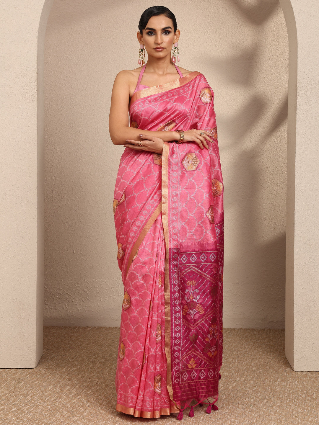  Pink Woven Design Banarsi Silk Blend Saree With Unstitched Blouse Piece 
