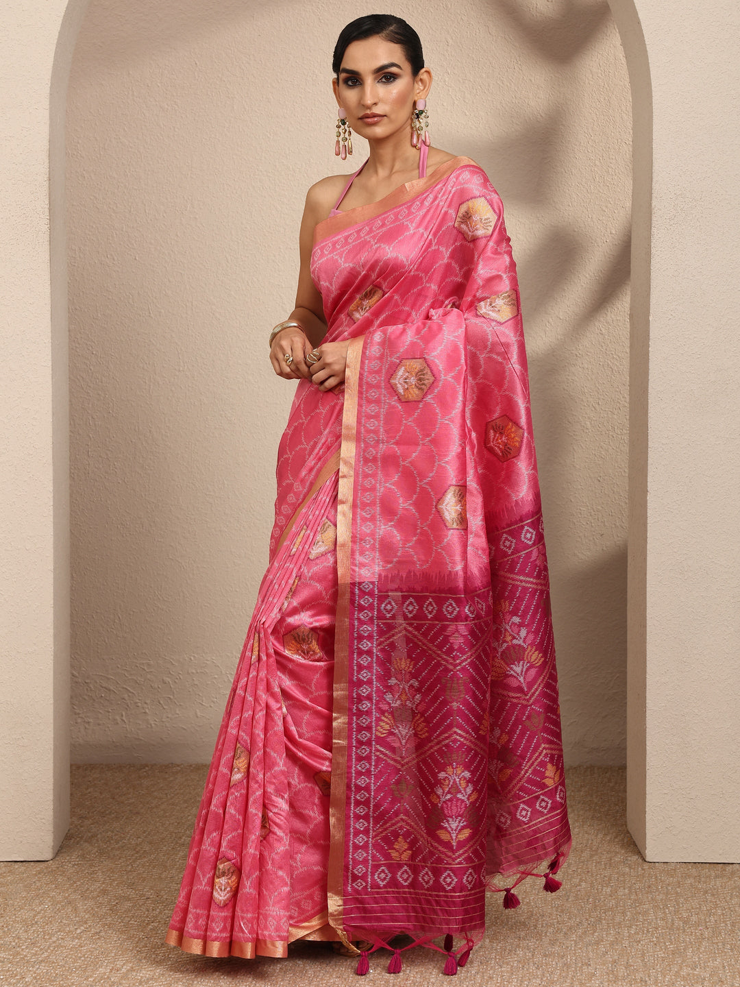  Pink Woven Design Banarsi Silk Blend Saree With Unstitched Blouse Piece 