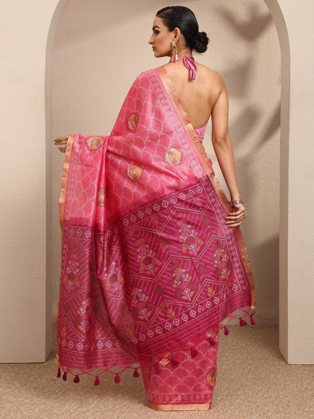  Pink Woven Design Banarsi Silk Blend Saree With Unstitched Blouse Piece 