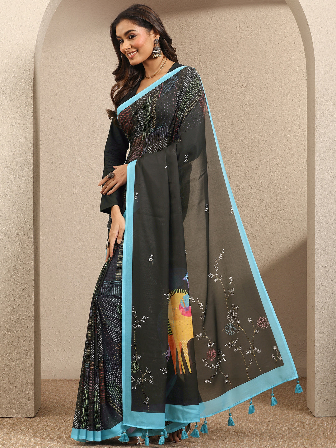  Black Printed Cotton Blend Saree With Unstitched Blouse Piece 