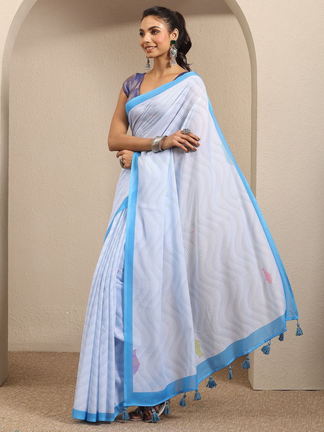  Blue Leheriya Printed Cotton Blend Saree With Unstitched Blouse Piece 