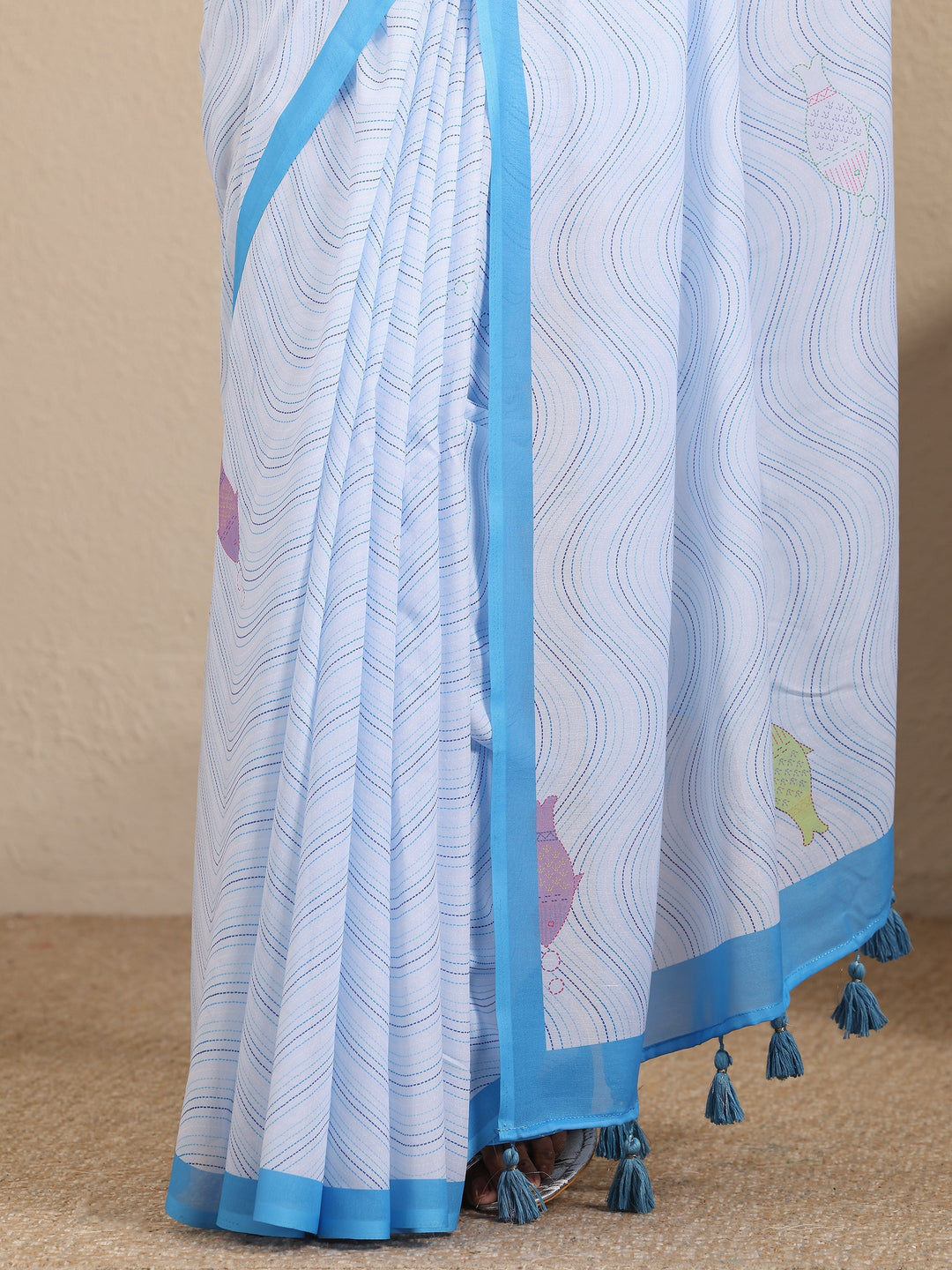  Blue Leheriya Printed Cotton Blend Saree With Unstitched Blouse Piece 