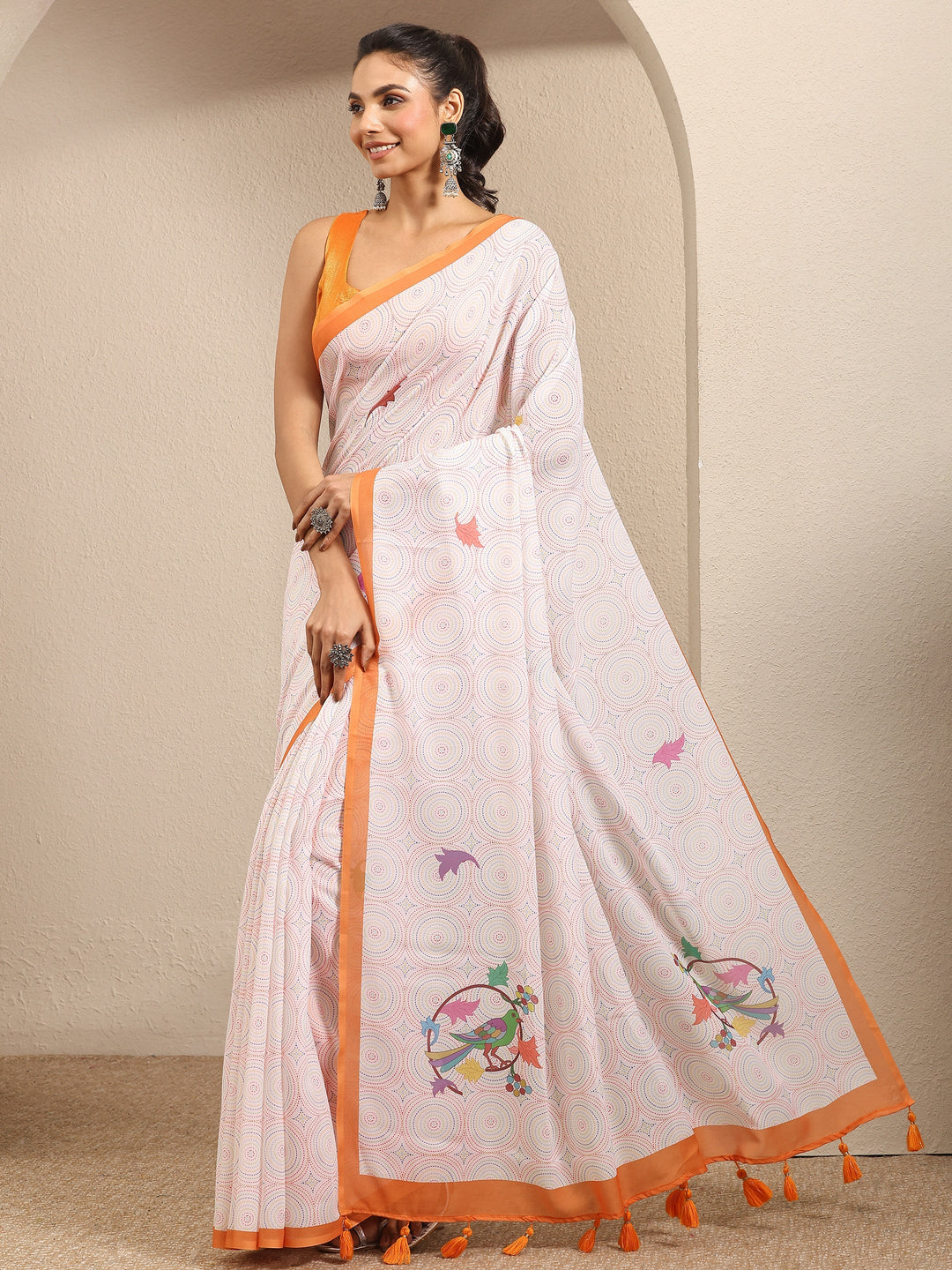  Multi Geometric Printed Cotton Blend Saree With Unstitched Blouse Piece 