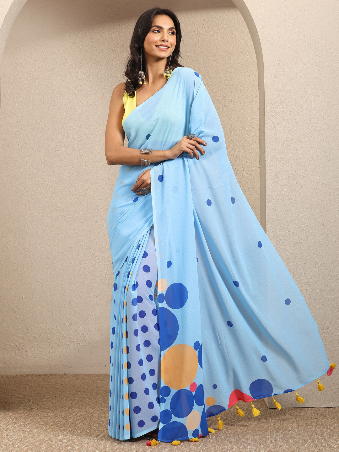  Blue Geometric Printed Georgette Saree With Unstitched Blouse Piece 