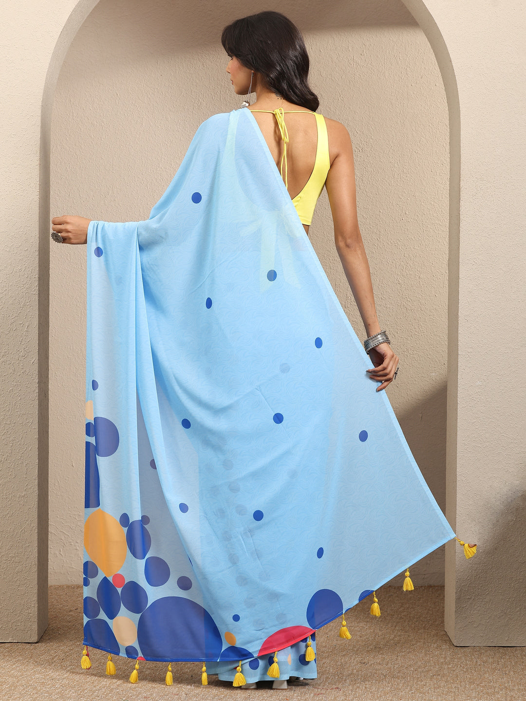  Blue Geometric Printed Georgette Saree With Unstitched Blouse Piece 