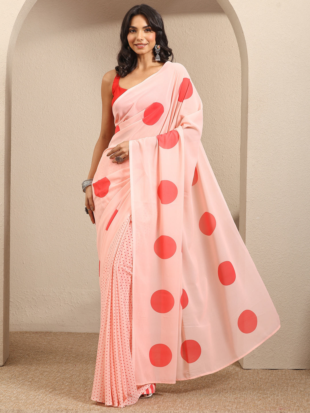  Peach Geometric Printed Georgette Saree With Unstitched Blouse Piece 