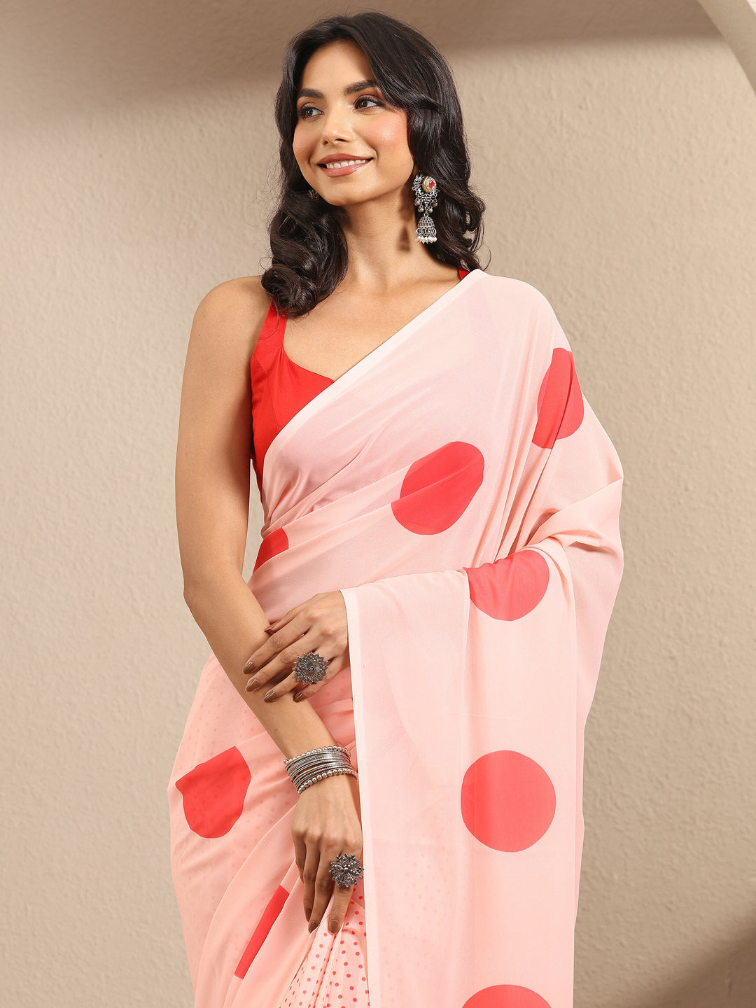 Peach Geometric Printed Georgette Saree With Unstitched Blouse Piece 