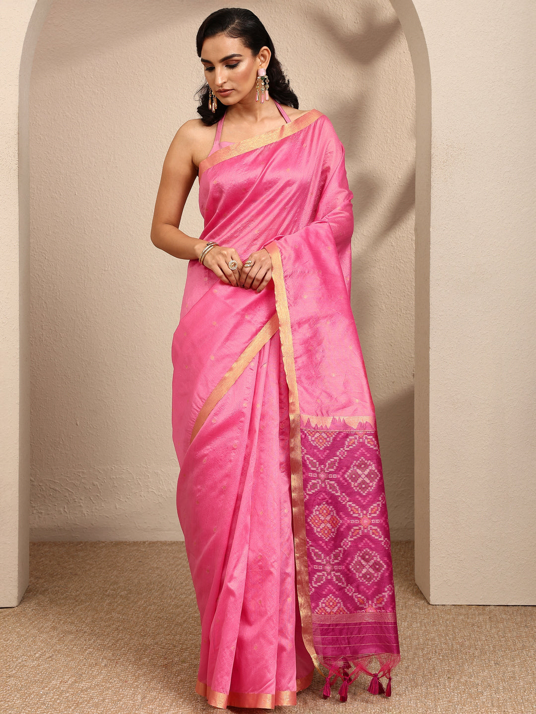  Pink Woven Design Banarsi Silk Blend Saree With Unstitched Blouse Piece 
