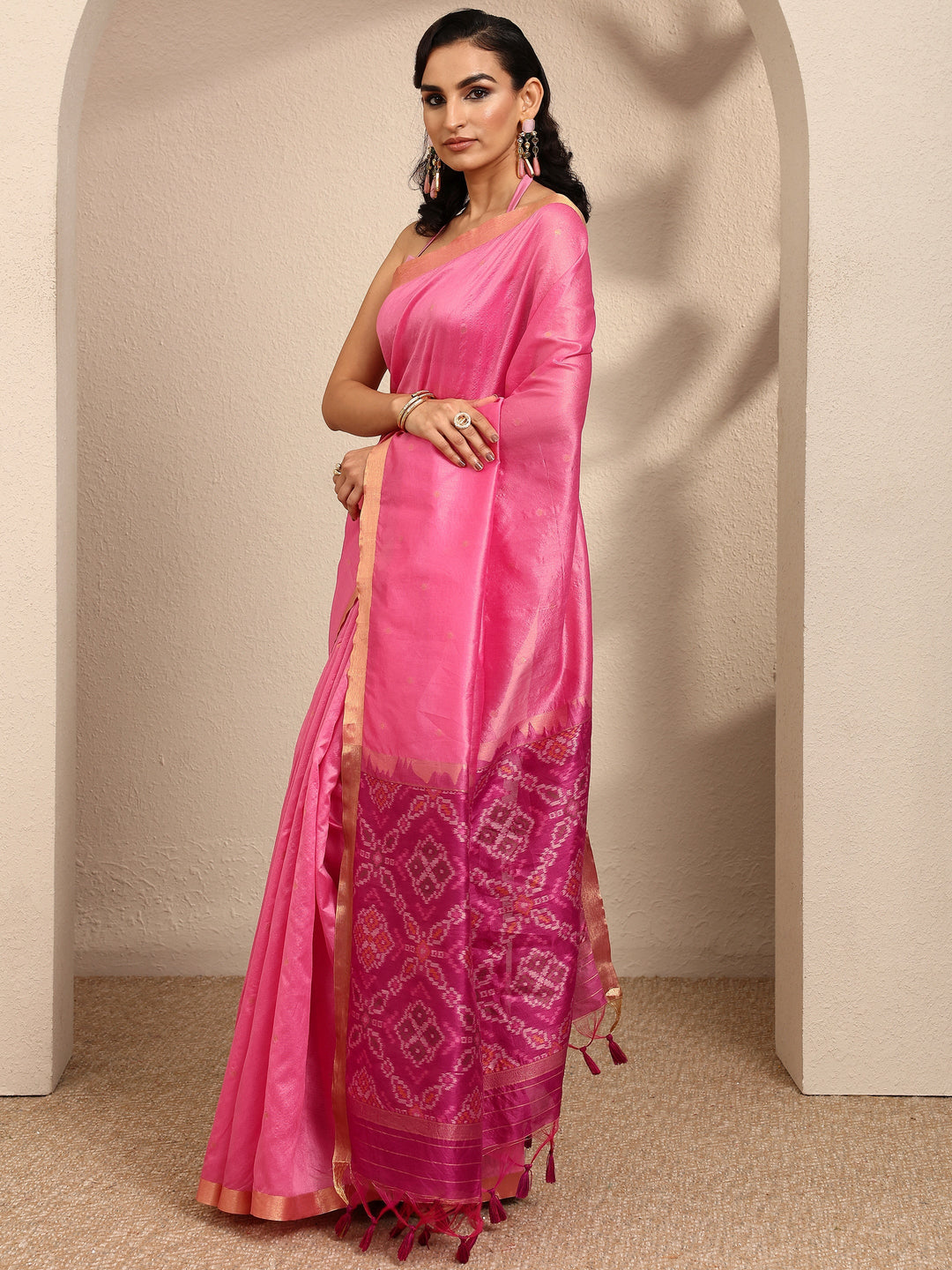  Pink Woven Design Banarsi Silk Blend Saree With Unstitched Blouse Piece 
