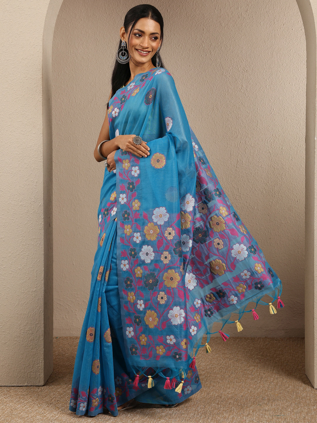  Blue Woven Design Cotton Blend Saree With Unstitched Blouse Piece 