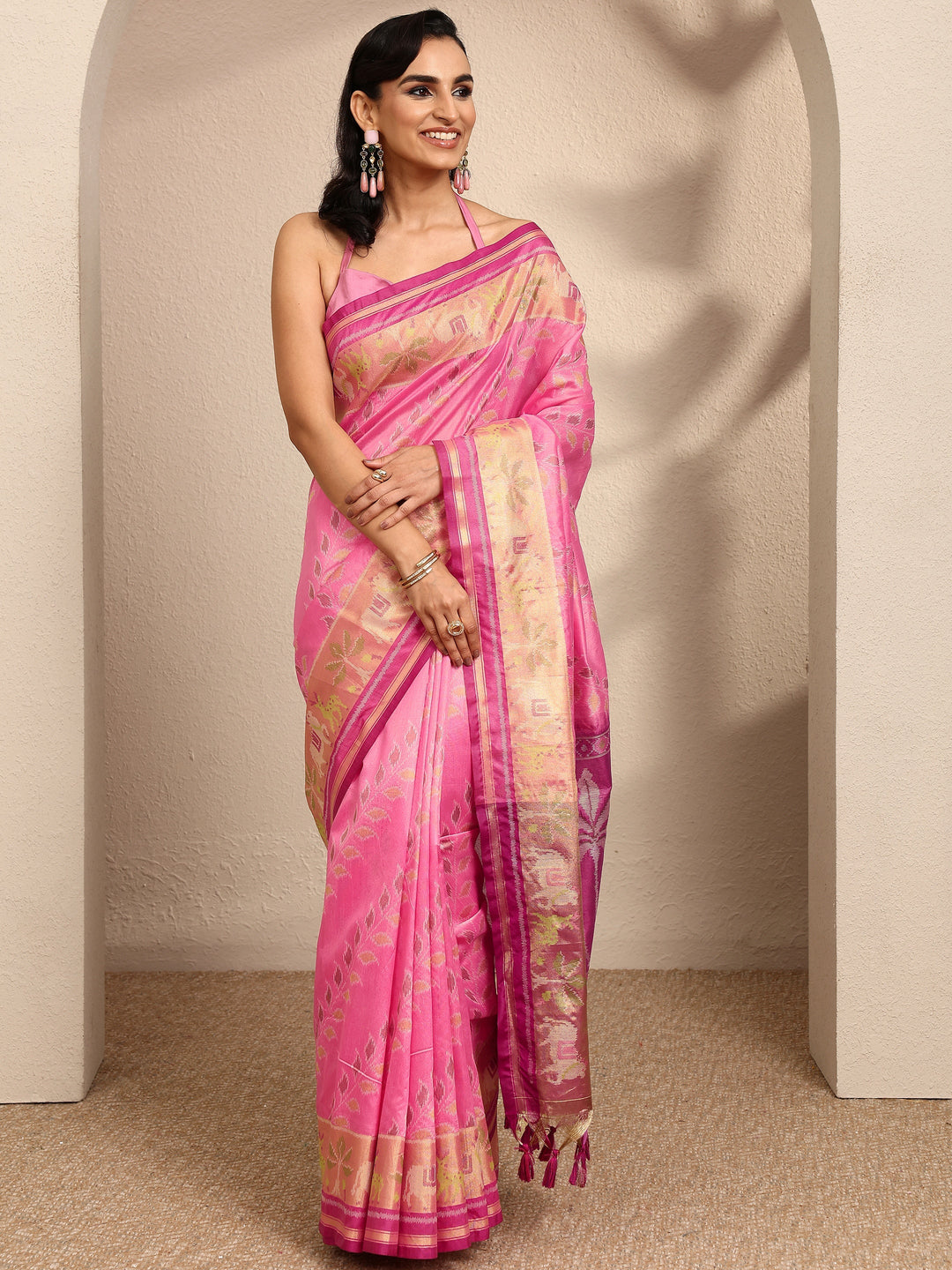  Pink Woven Design Banarsi Silk Blend Saree With Unstitched Blouse Piece 