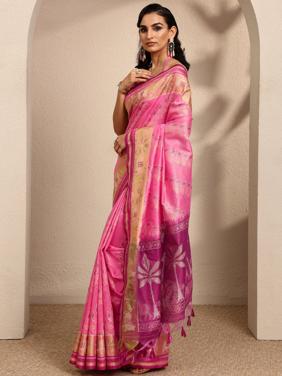  Pink Woven Design Banarsi Silk Blend Saree With Unstitched Blouse Piece 