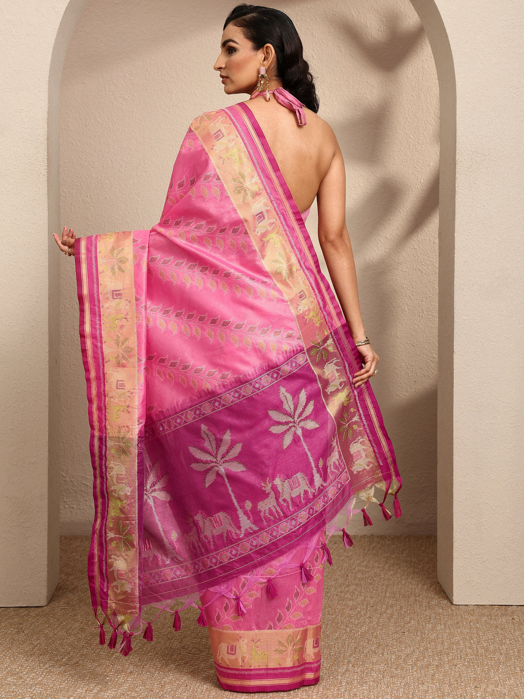  Pink Woven Design Banarsi Silk Blend Saree With Unstitched Blouse Piece 