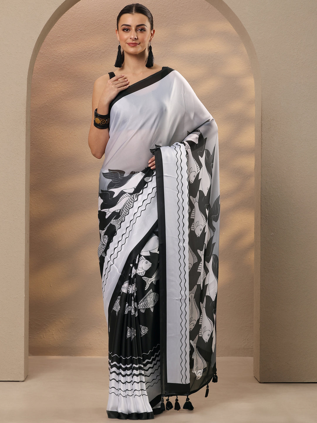  Black Animal Printed Satin Saree With Unstitched Blouse Piece 