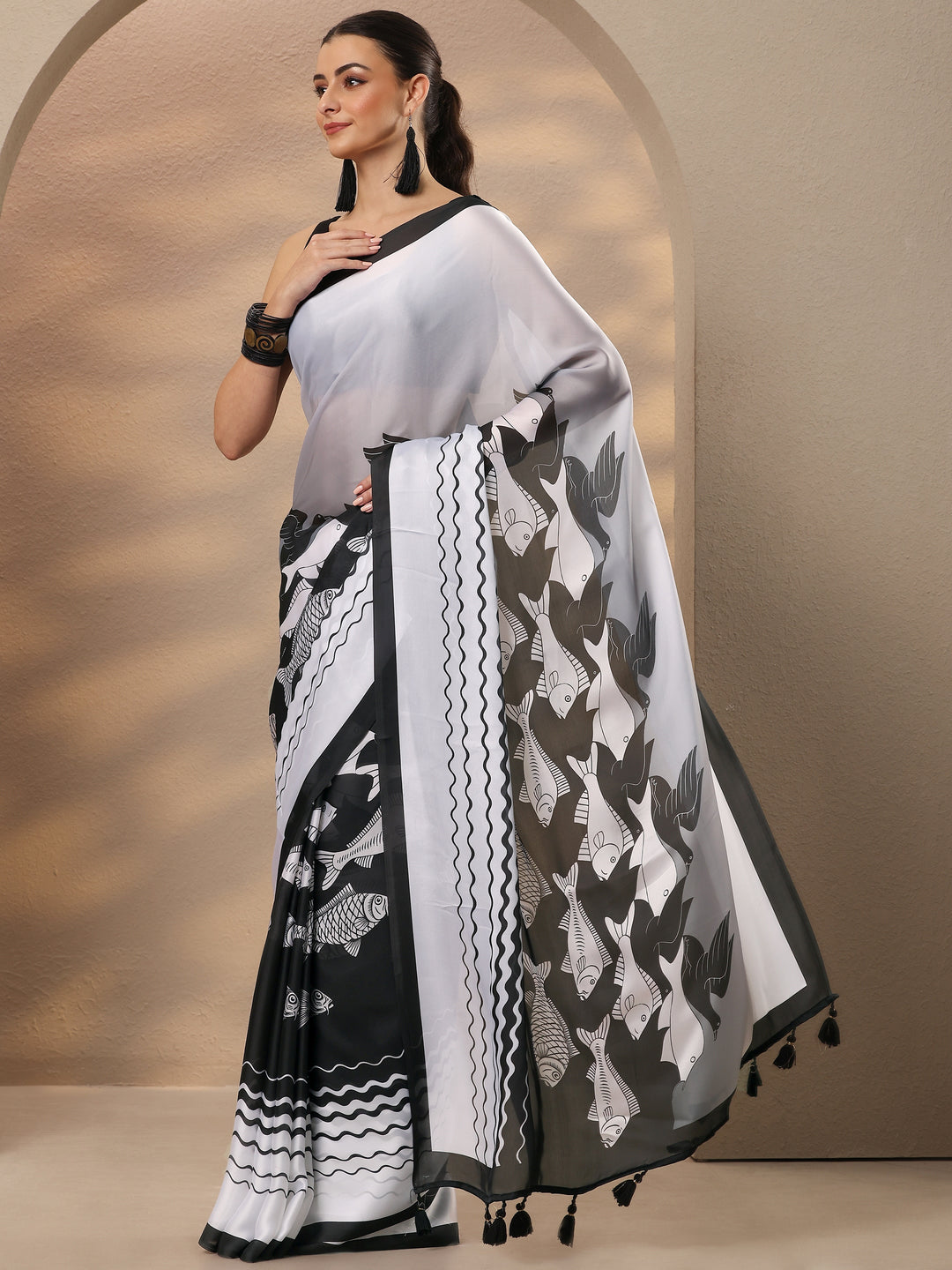  Black Animal Printed Satin Saree With Unstitched Blouse Piece 
