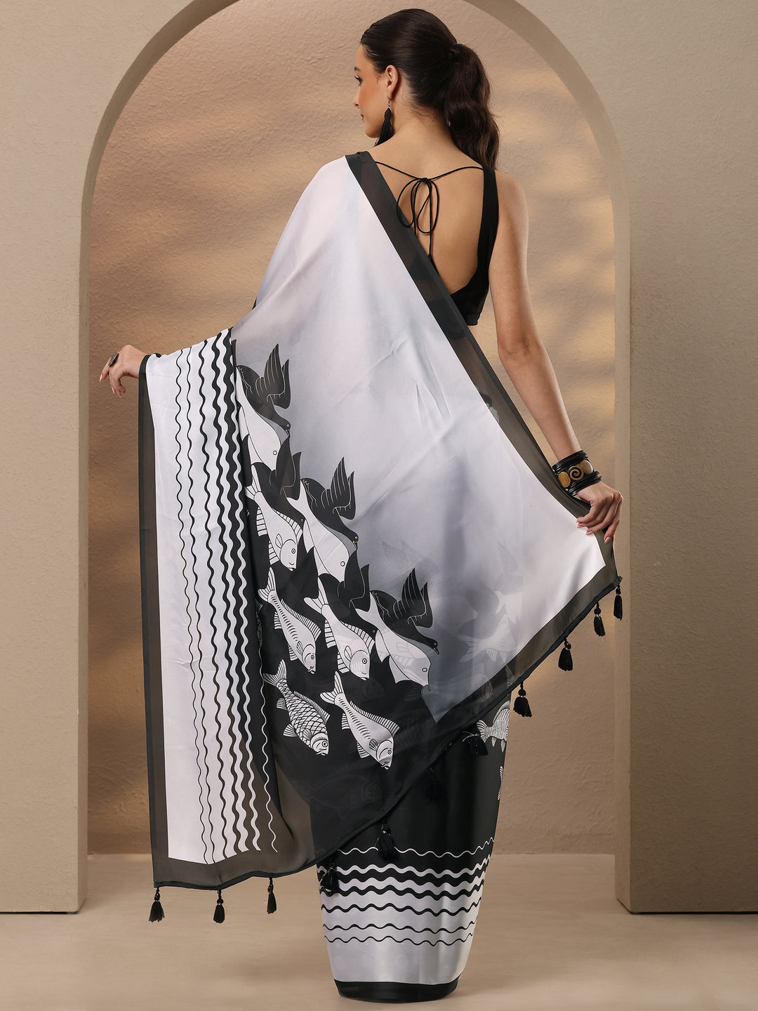  Black Animal Printed Satin Saree With Unstitched Blouse Piece 