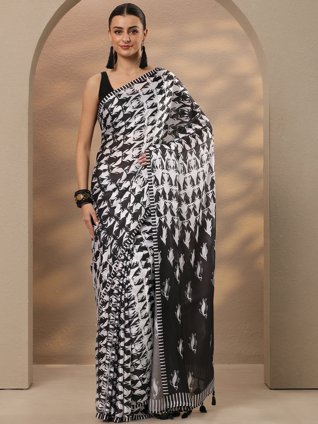  Black Animal Printed Satin Saree With Unstitched Blouse Piece 
