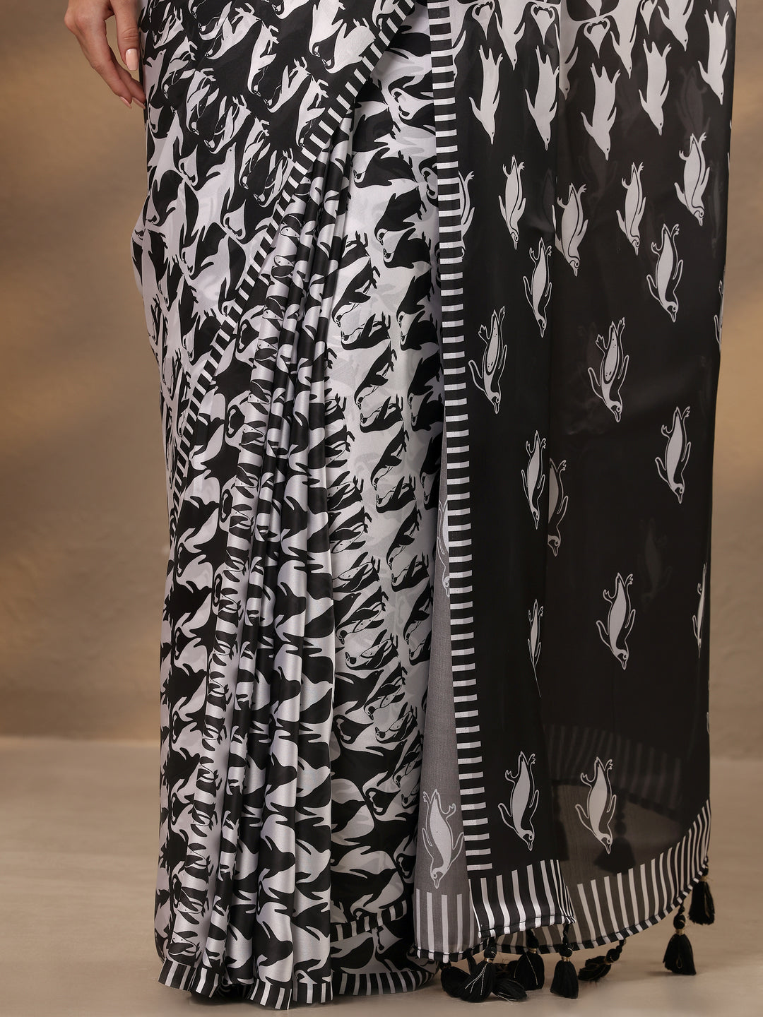  Black Animal Printed Satin Saree With Unstitched Blouse Piece 
