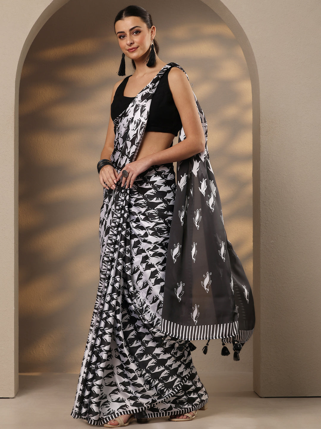  Black Animal Printed Satin Saree With Unstitched Blouse Piece 