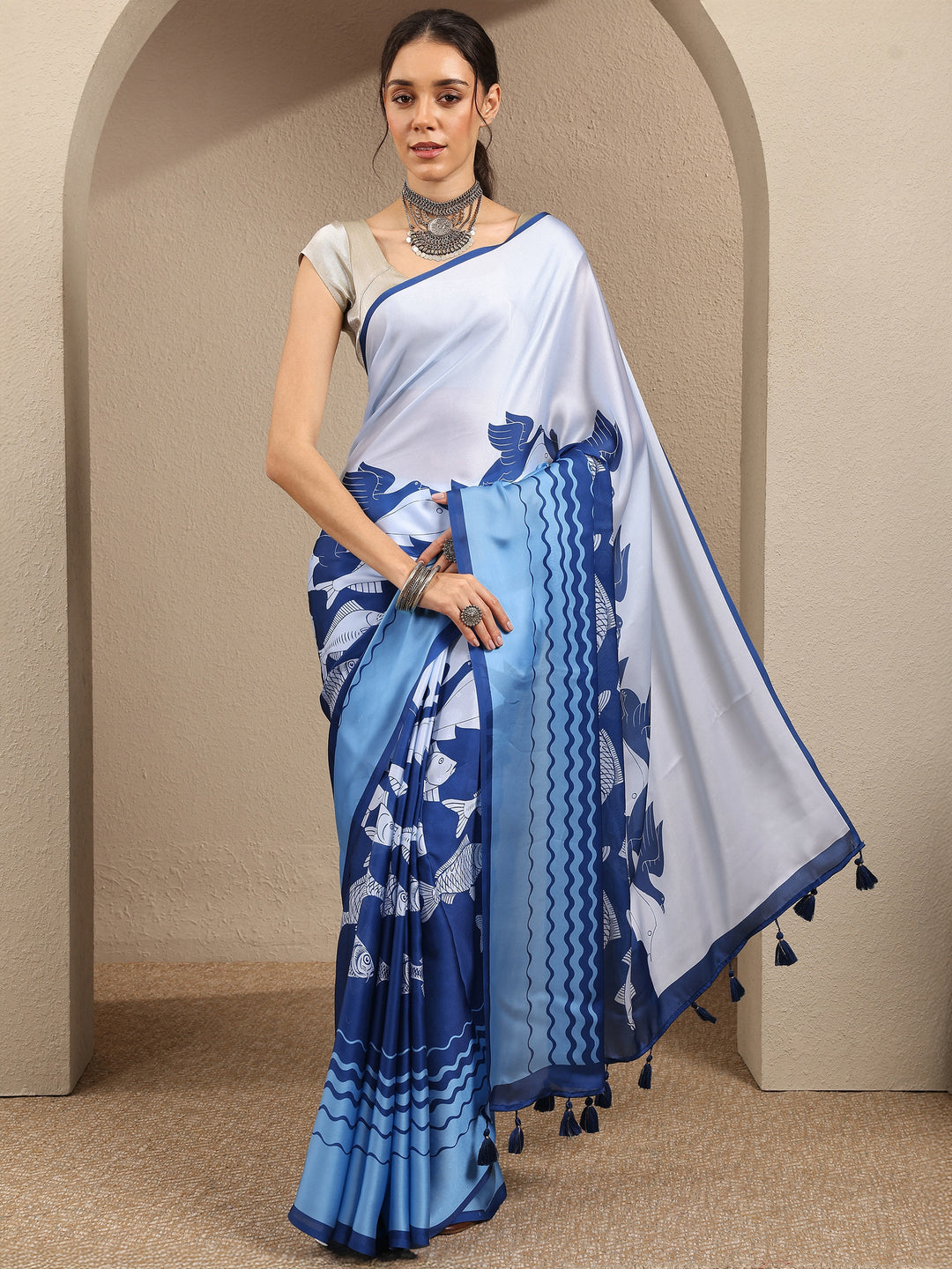  Blue Abstract Printed Satin Saree With Unstitched Blouse Piece 