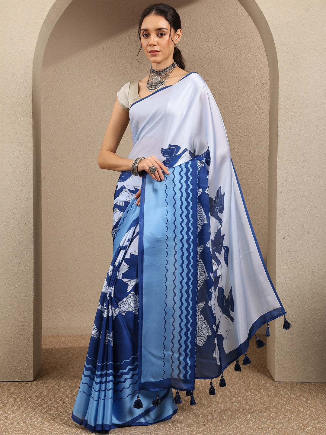  Blue Abstract Printed Satin Saree With Unstitched Blouse Piece 