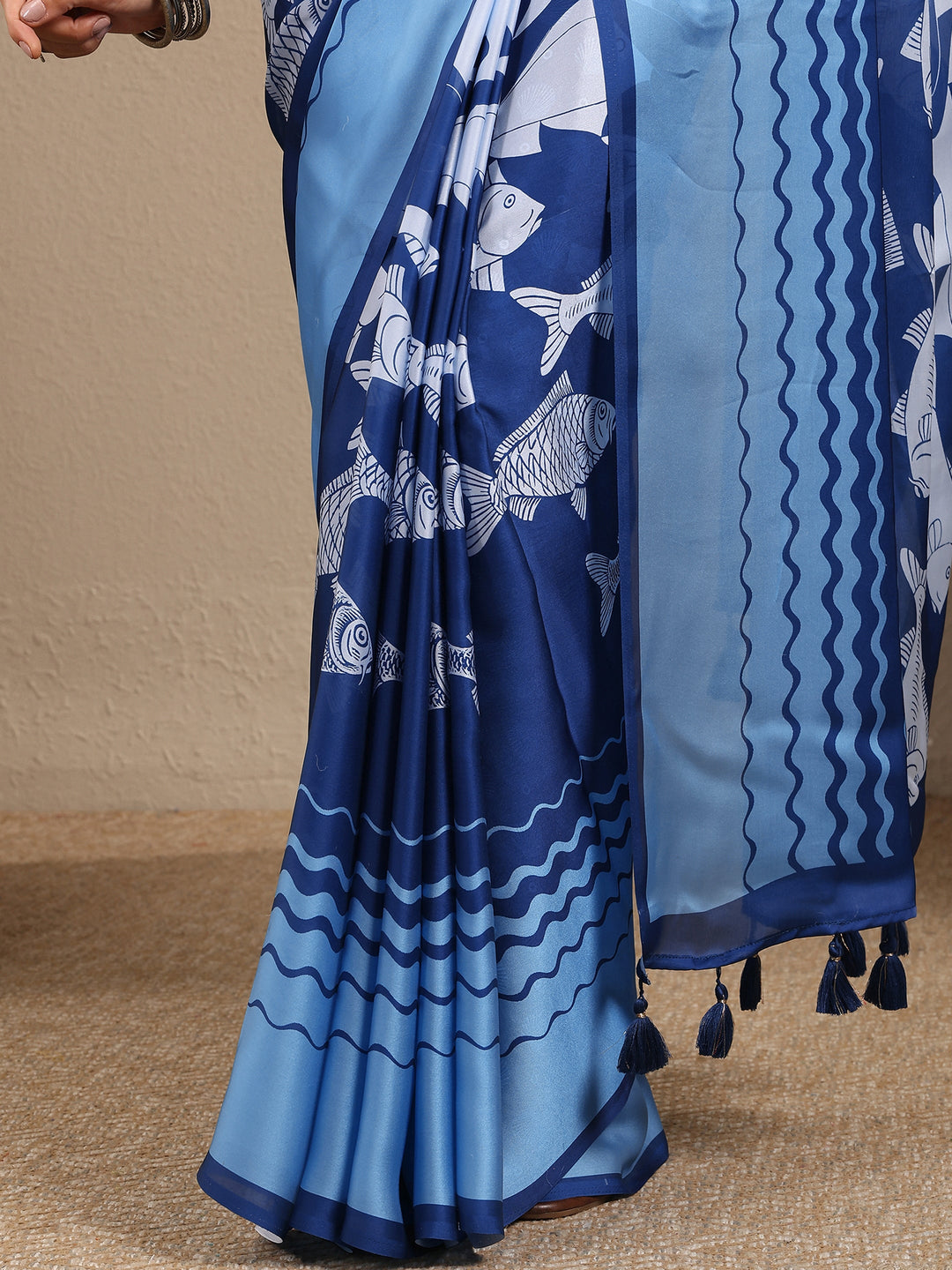 Blue Abstract Printed Satin Saree With Unstitched Blouse Piece 