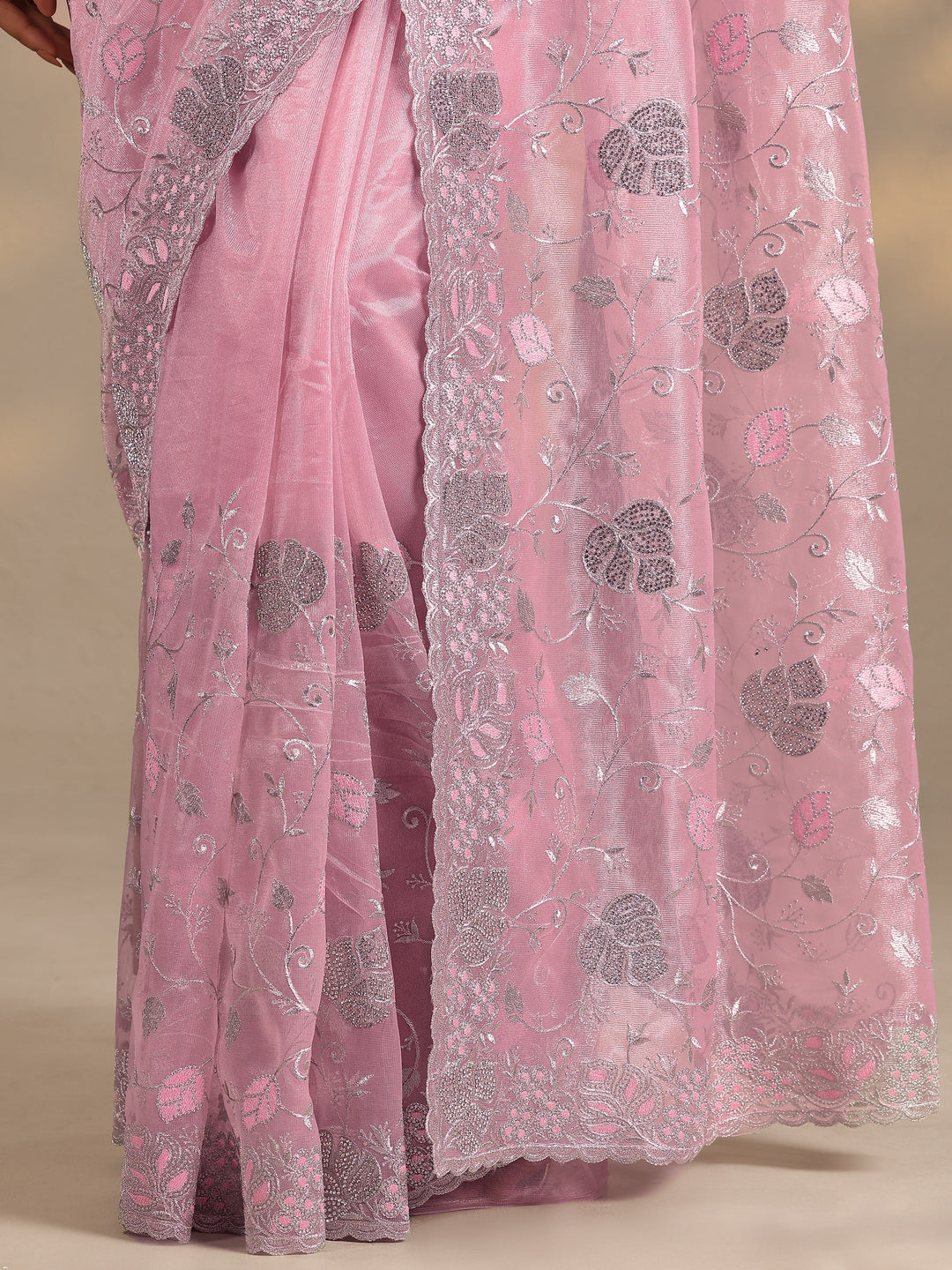  Pink Embroidered Nylon Saree With Unstitched Blouse Piece 