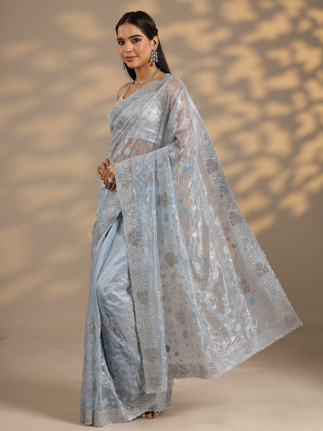  Blue Embroidered Nylon Saree With Unstitched Blouse Piece 