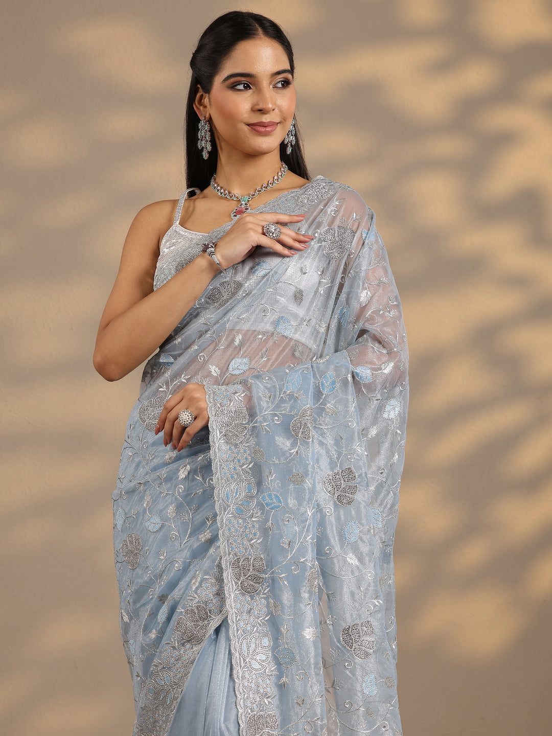 Blue Embroidered Nylon Saree With Unstitched Blouse Piece 