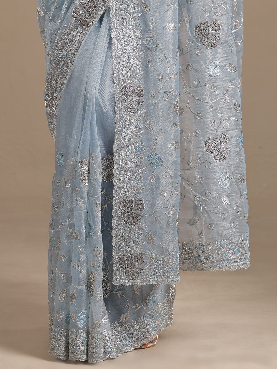  Blue Embroidered Nylon Saree With Unstitched Blouse Piece 