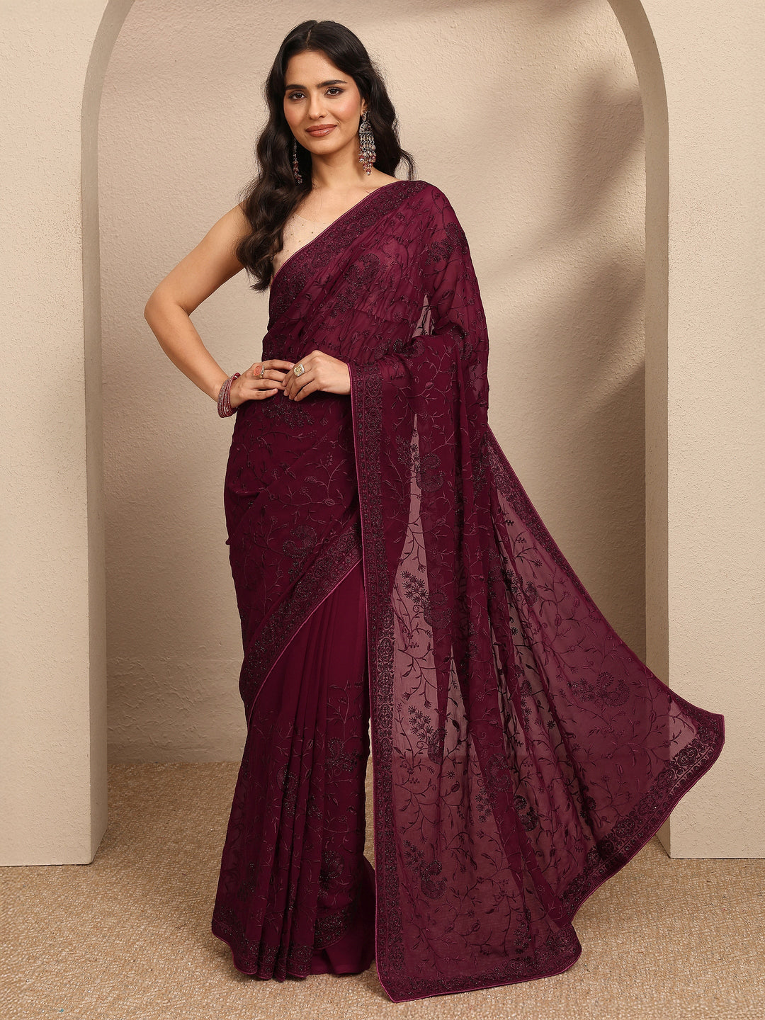 Maroon Embroidered Silk Blend Saree With Unstitched Blouse Piece