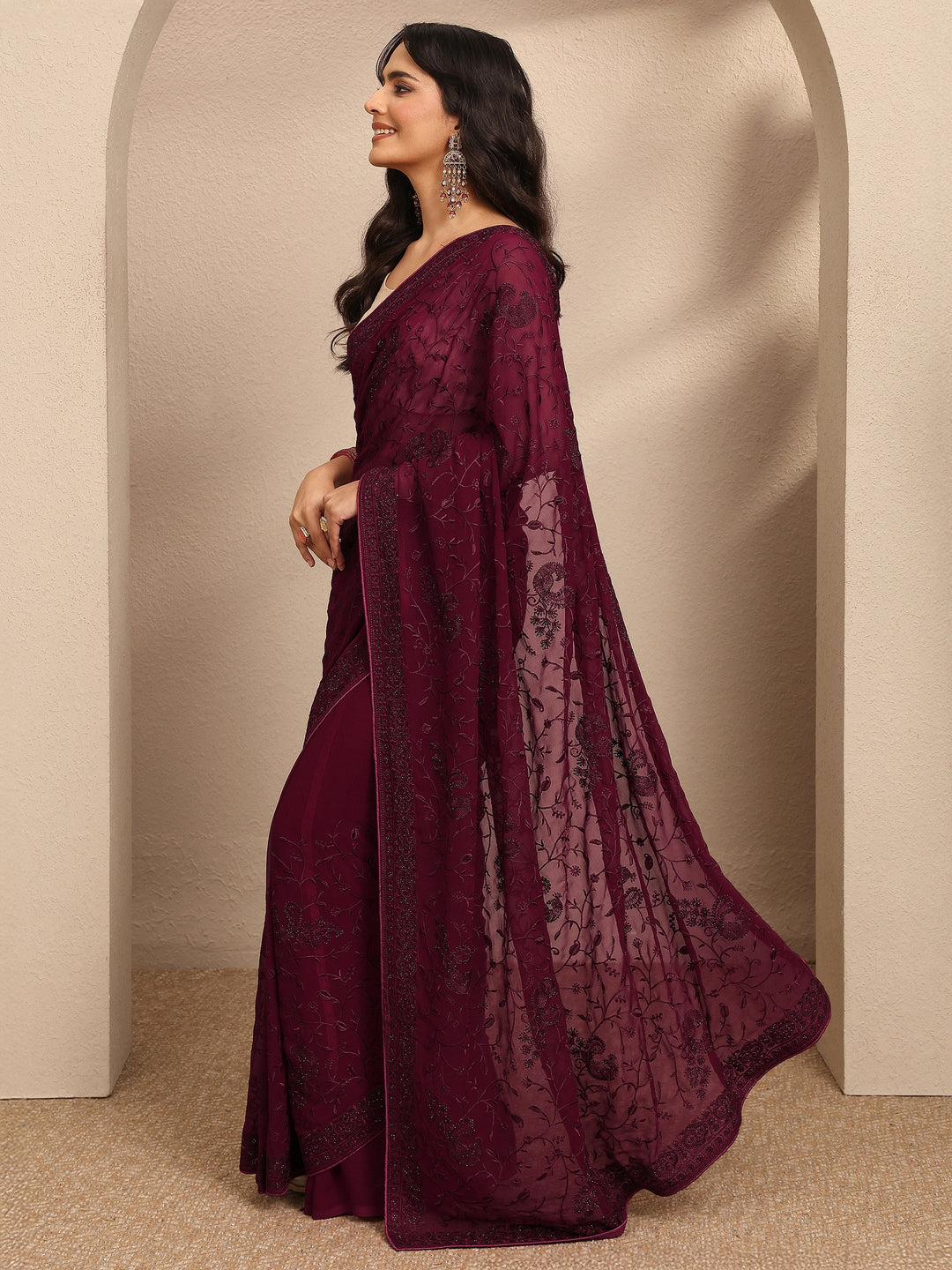  Maroon Embroidered Silk Blend Saree With Unstitched Blouse Piece 
