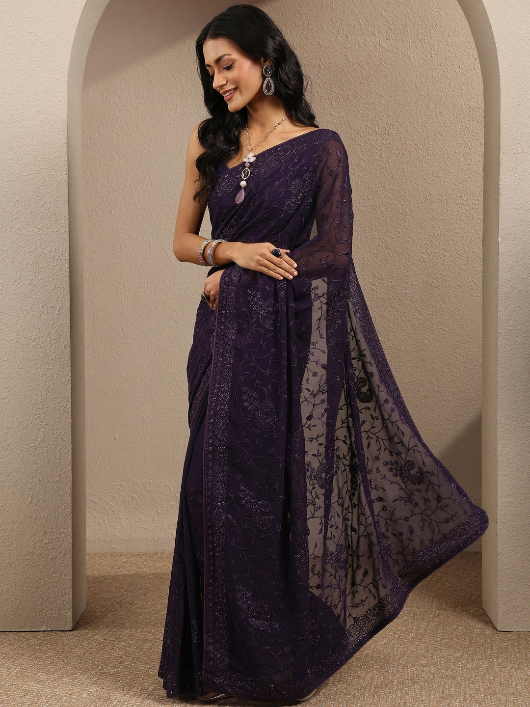  Purple Embroidered Silk Blend Saree With Unstitched Blouse Piece 