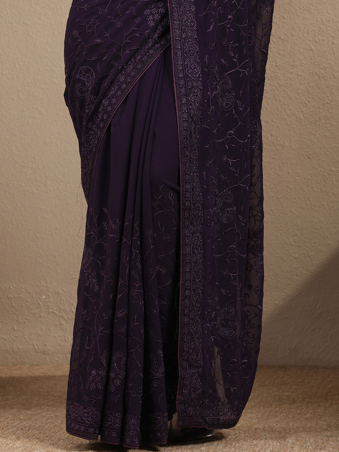  Purple Embroidered Silk Blend Saree With Unstitched Blouse Piece 