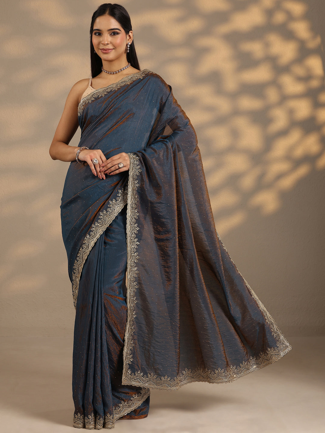  Navy Blue Embellished Silk Blend Saree With Unstitched Blouse Piece 