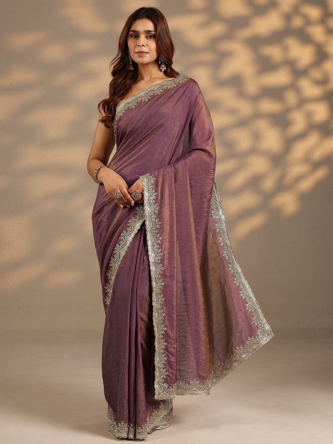  Purple Embellished Silk Blend Saree With Unstitched Blouse Piece 