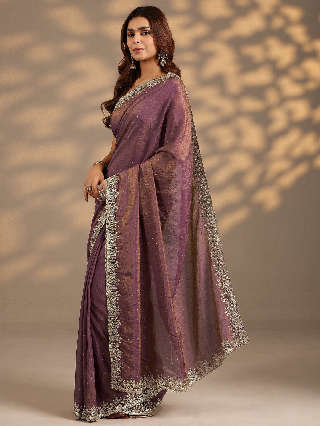  Purple Embellished Silk Blend Saree With Unstitched Blouse Piece 