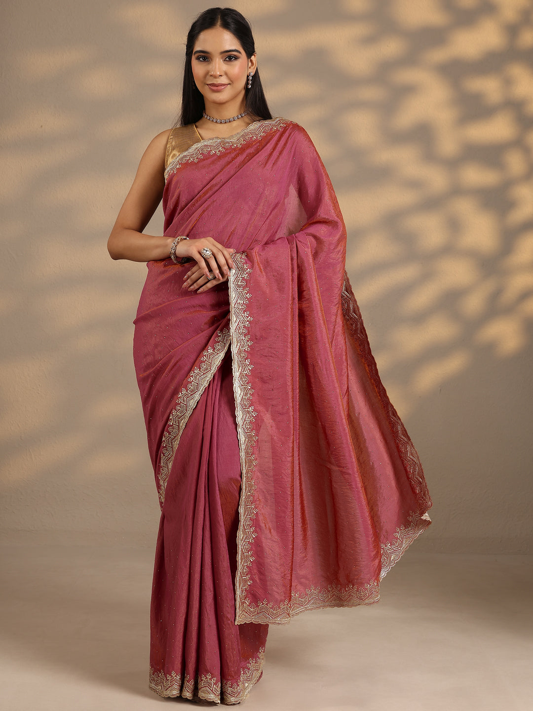  Pink Embellished Silk Blend Saree With Unstitched Blouse Piece 