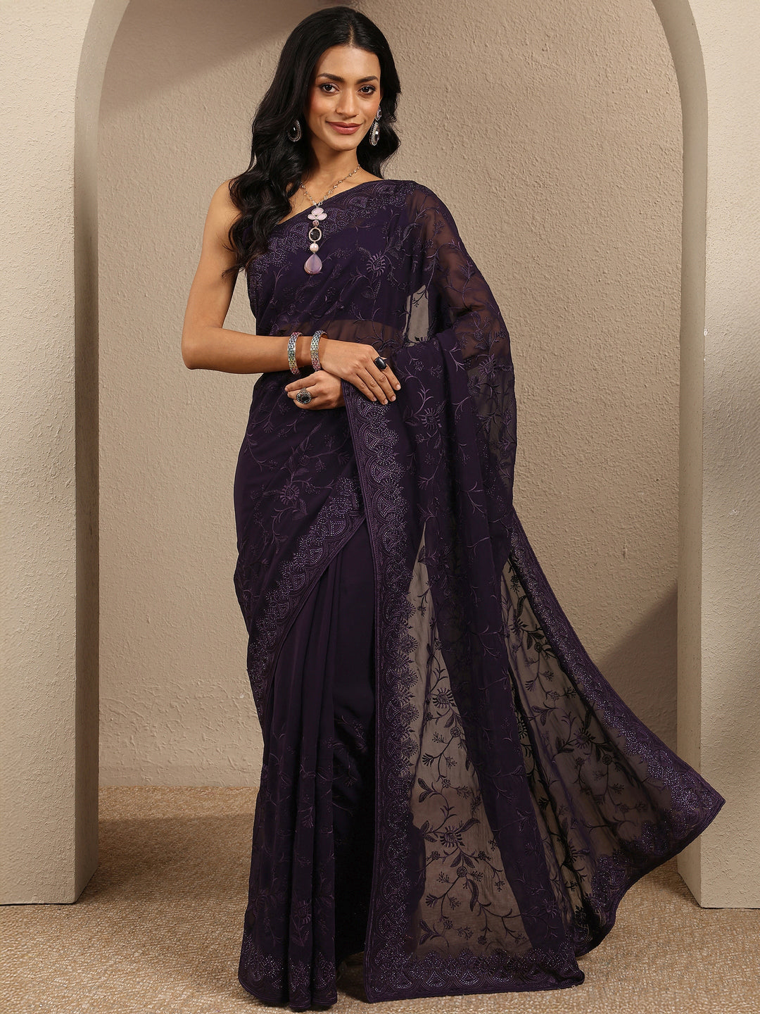  Purple Embroidered Georgette Saree With Unstitched Blouse Piece 
