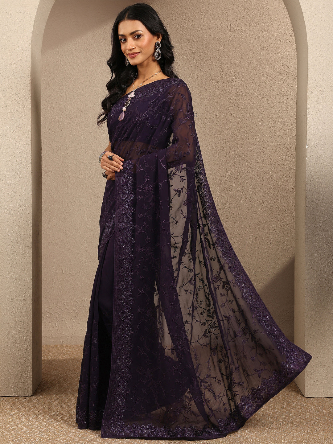  Purple Embroidered Georgette Saree With Unstitched Blouse Piece 