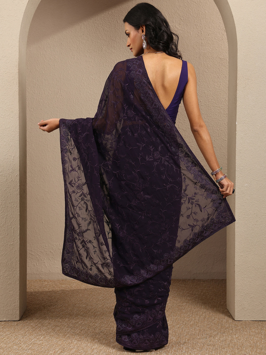  Purple Embroidered Georgette Saree With Unstitched Blouse Piece 