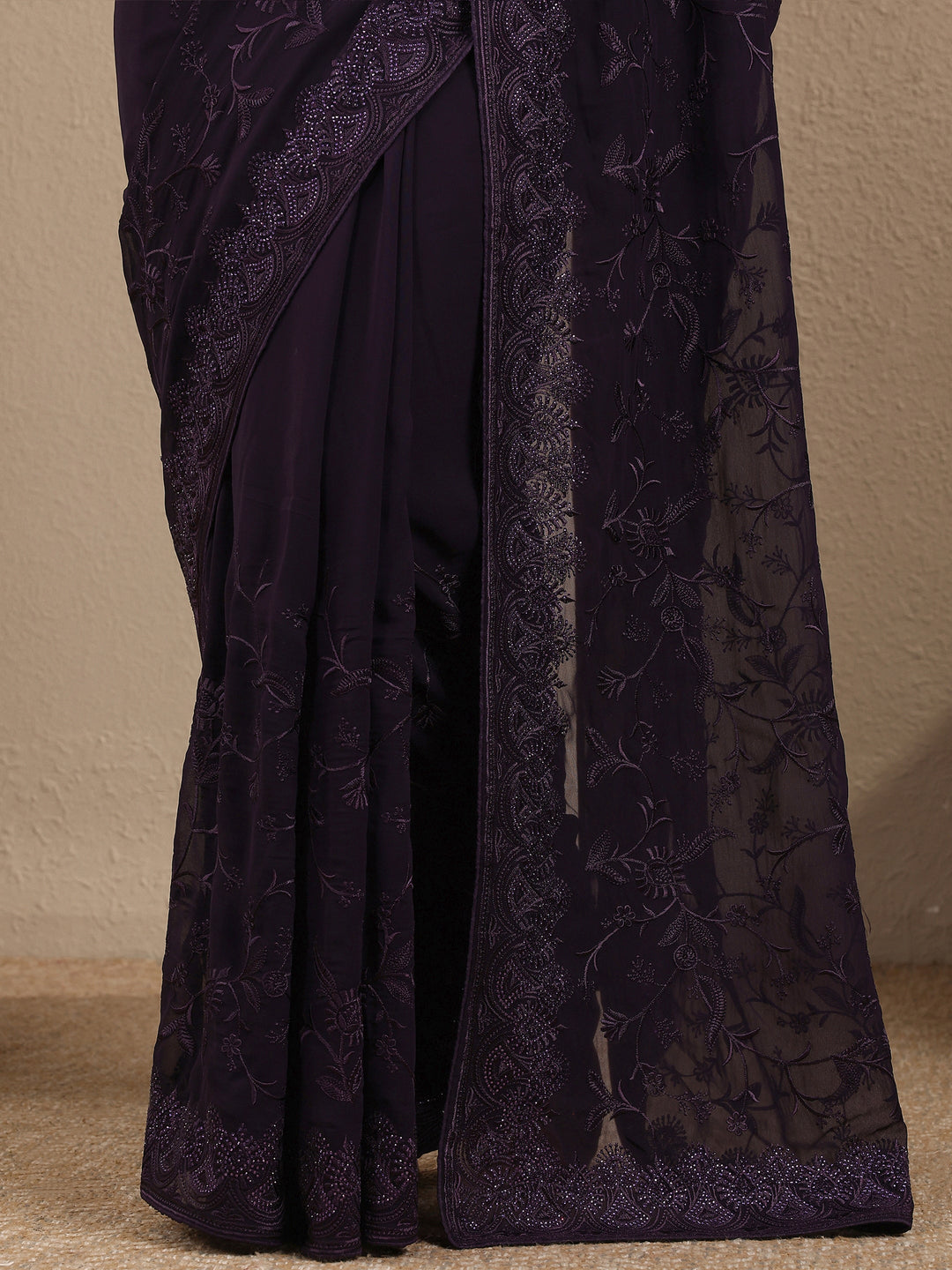 Purple Embroidered Georgette Saree With Unstitched Blouse Piece 