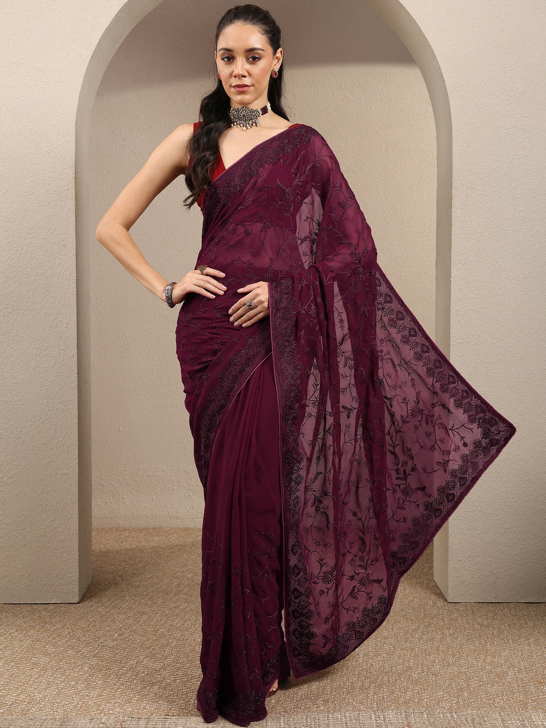  Maroon Embroidered Georgette Saree With Unstitched Blouse Piece 