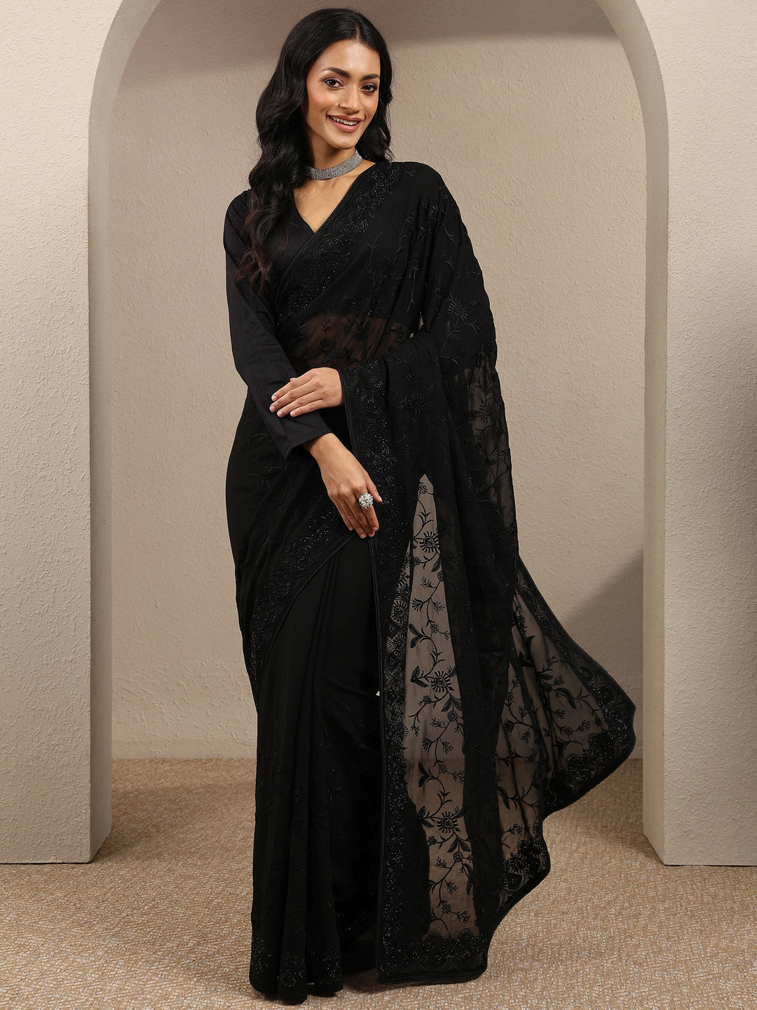 Black Embroidered Georgette Saree With Unstitched Blouse Piece 